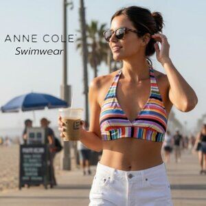 Anne Cole Multicolor Stripe Triangle Bikini Top Halter Swim Medium